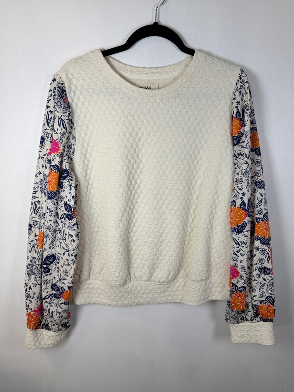 Porridge Anthropologie Women’s Textured Cream Body Floral-Sleeve Pullover Top L